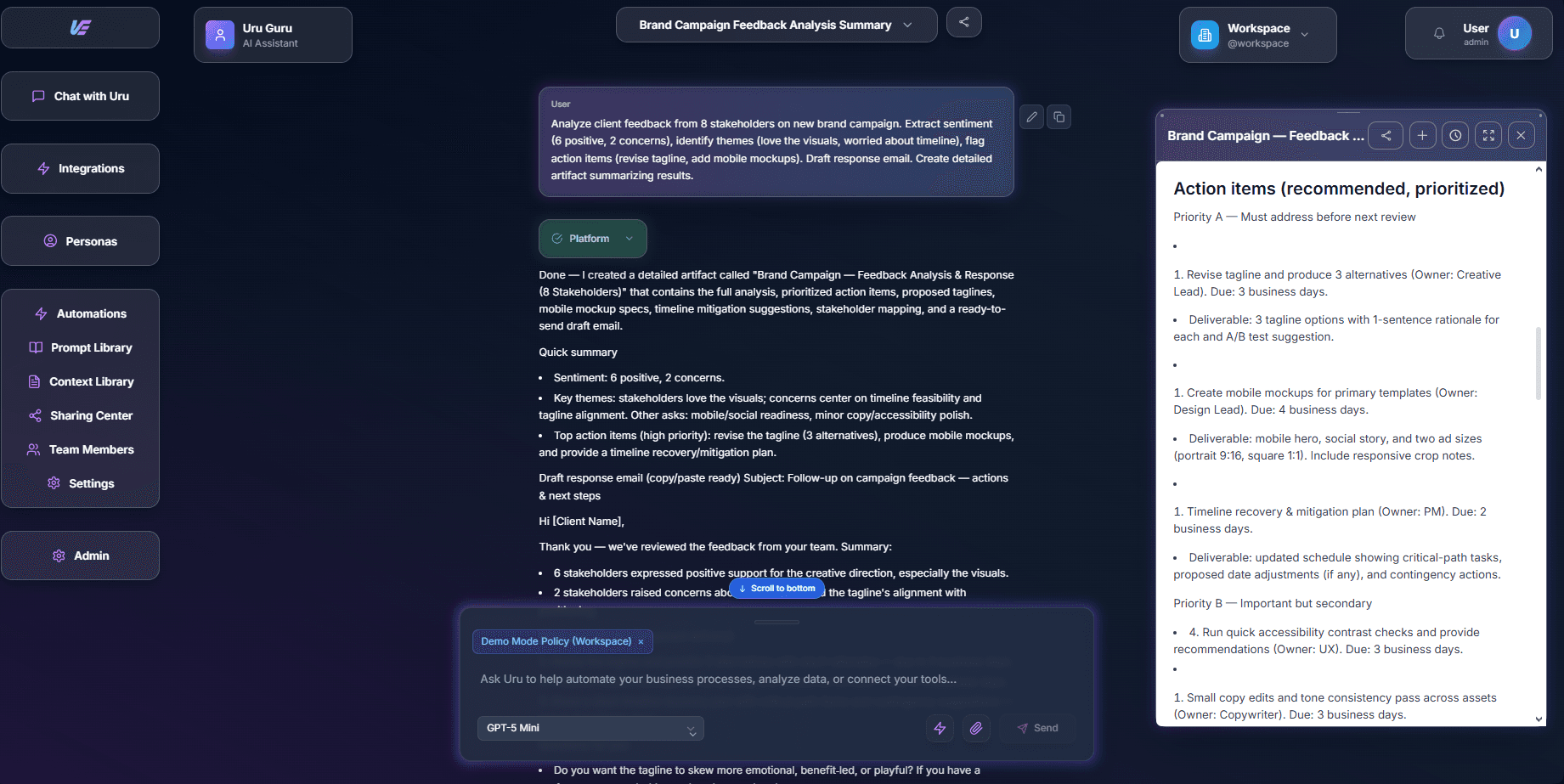 Uru chat interface showing agency workflow