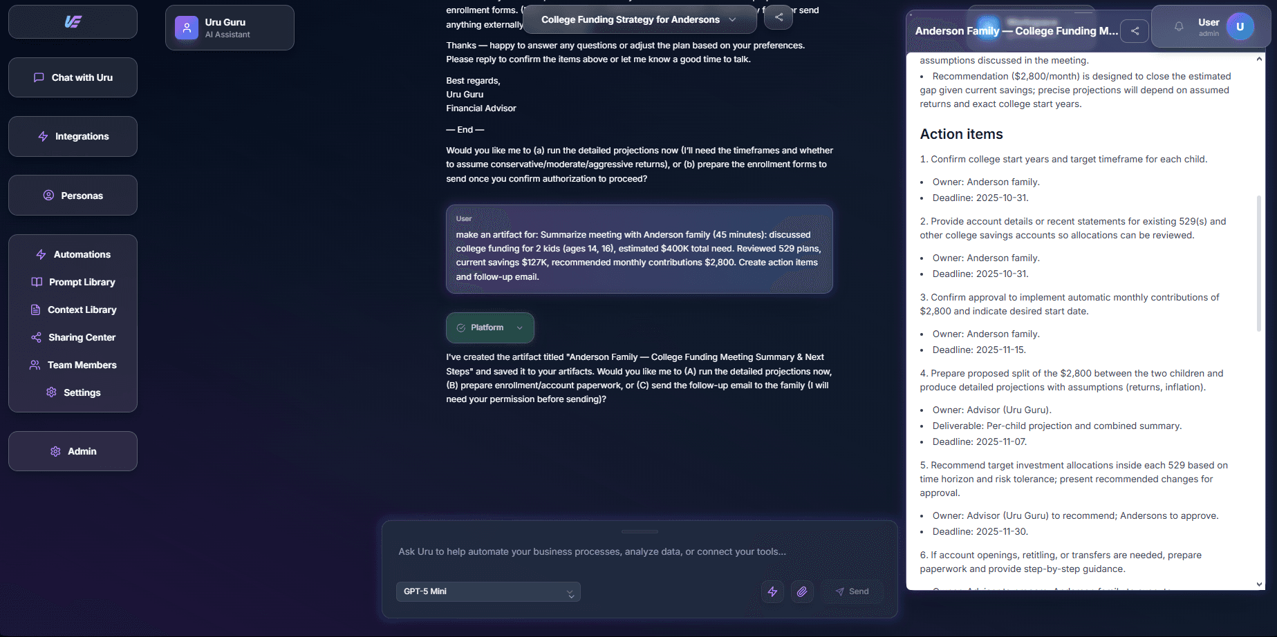 Uru chat interface showing financial advisor workflow