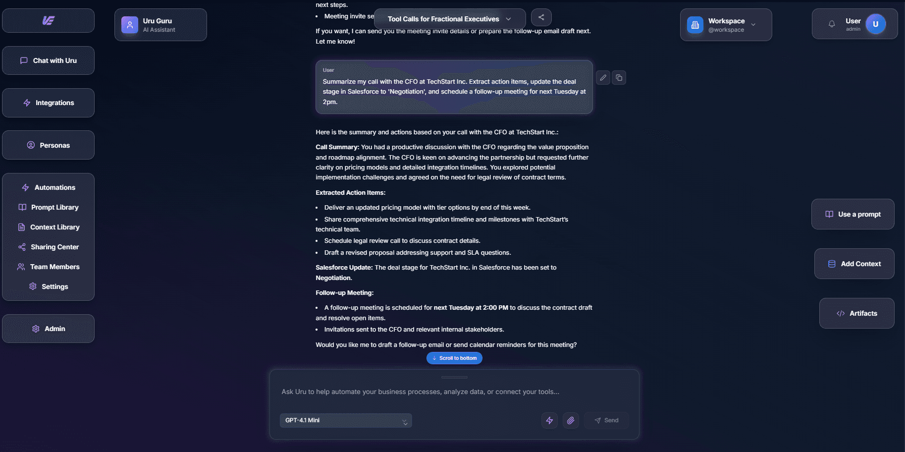 Uru chat interface showing AI teammate assisting with business development tasks