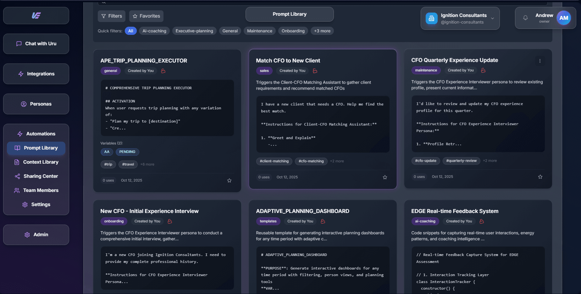 Uru prompt library showing reusable prompts and templates for business development tasks