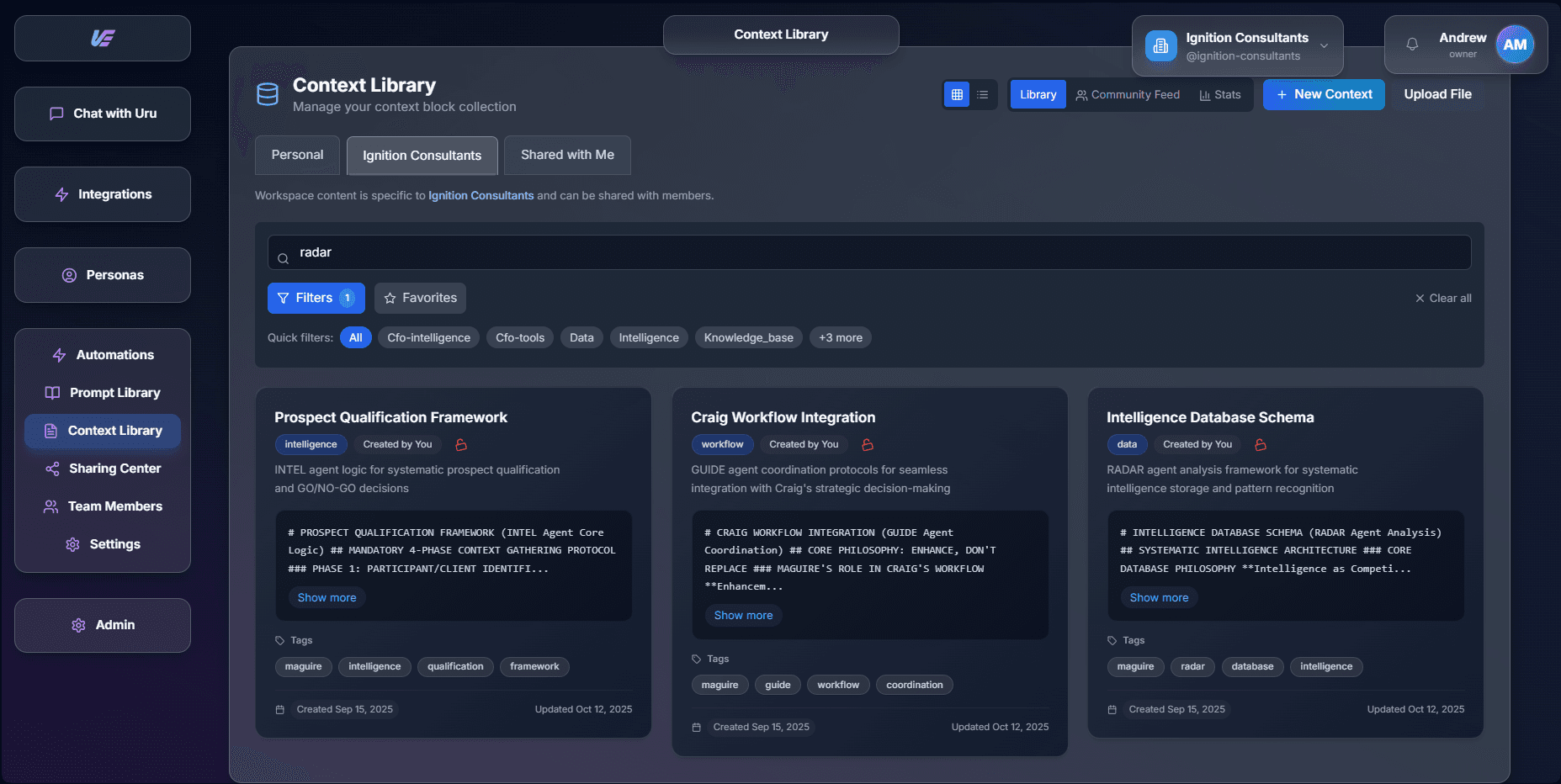 Uru context library showing organized knowledge base and documents for AI teammates